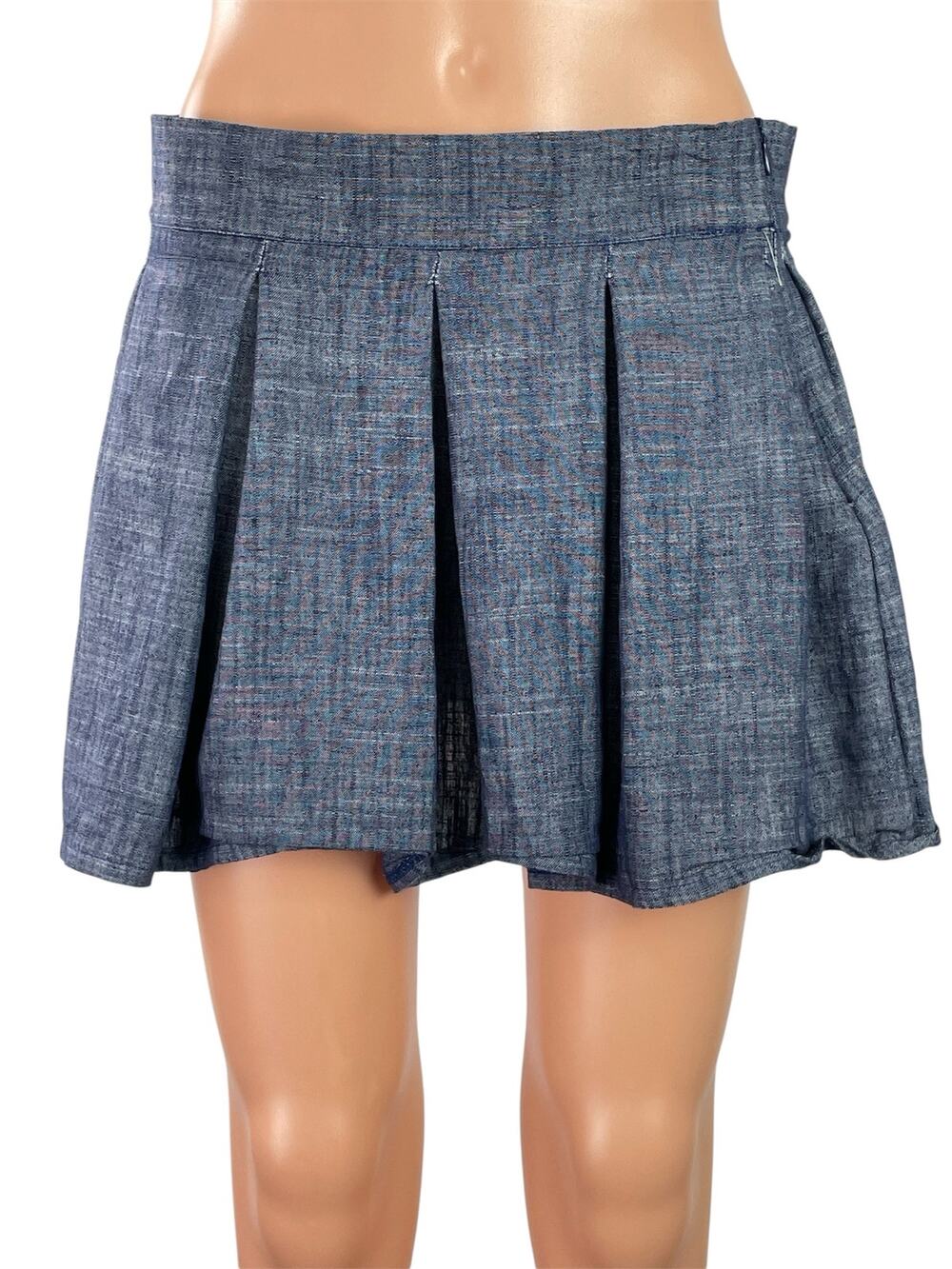 Love 83 Love Yourself Women's Blue Chambray Pleated Flared Mini A-line Skirt L